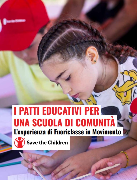 Copertina del report "I Patti Educativi per una scuola di comunità" con bambina che scrive su un foglio 