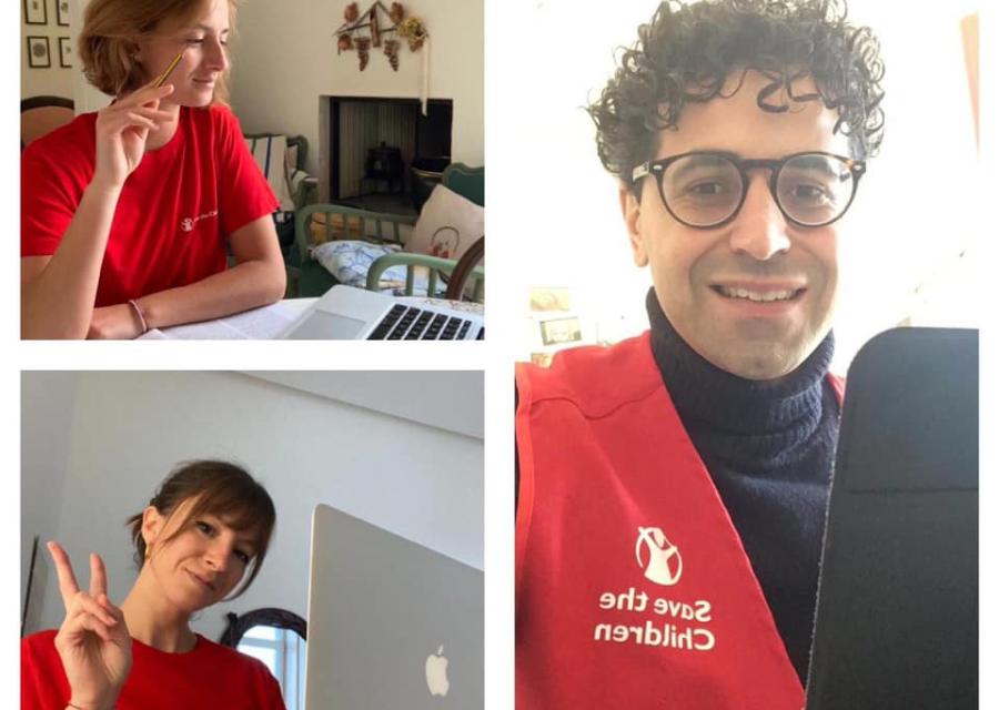collage di 3 foto di 3 volontari Save the Children Italia davanti al PC