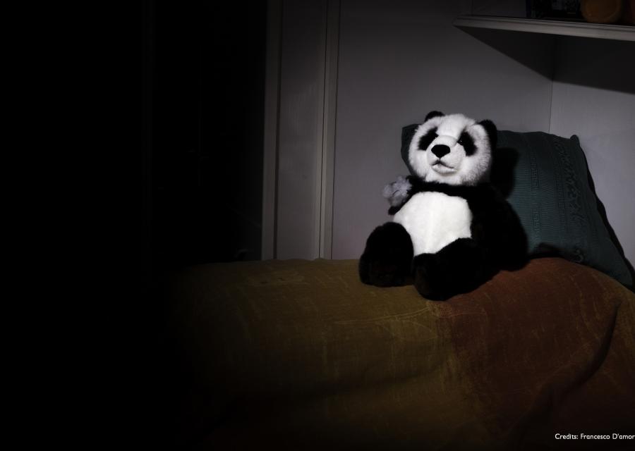 Pupazzo panda con braccio staccato sul letto 