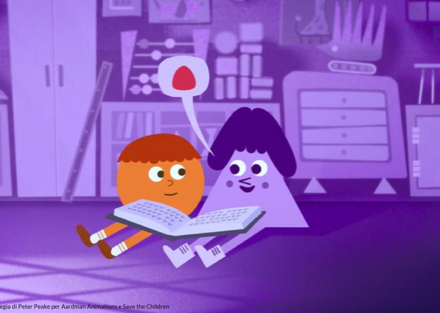 Fotogramma estratto dal cortometraggio citato nell'articolo, in cui sono rappresentati un cerchio arancione e un triangolo viola che leggono lo stesso libro (rappresentano bambini provenienti da diversi contesti sociali che stringono un legame)