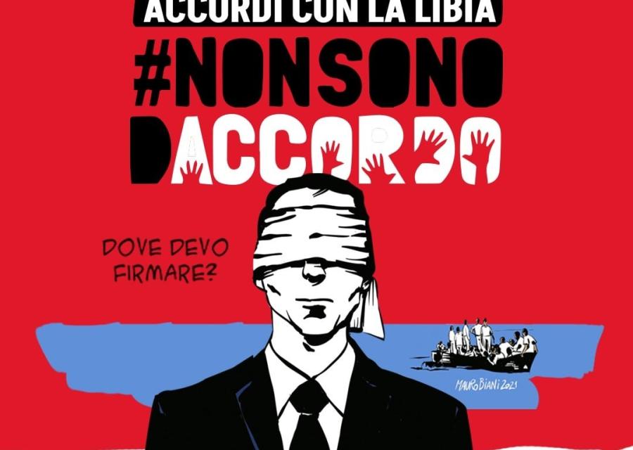  vignetta con uomo con benda davanti agli occhi per la mobilitazione contro il rinnovo del memorandum italia libia