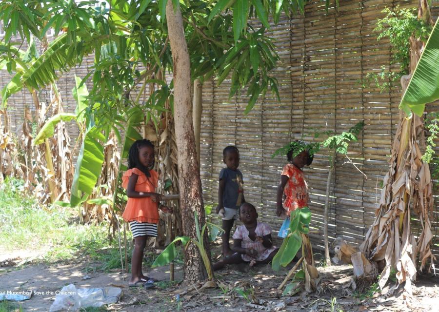 Quattro bambini del mozambico in lontananza sono ripresi mentre giocano nella natura vicino a una parte di canne di bambu.