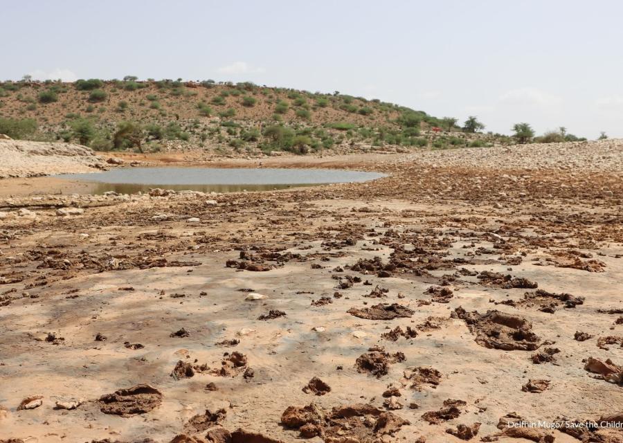 Immagine di un lago quasi secco in Somalia, una piccola pozza di acqua è circondata da terra quasi del tutto desertificata