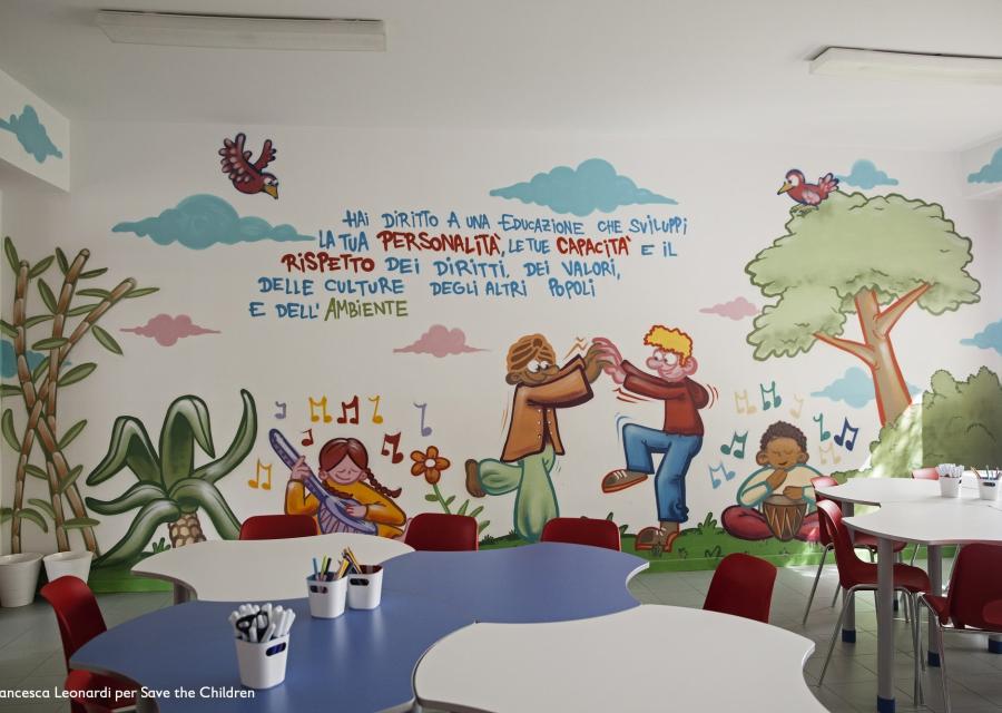 aula di una scuola molto colorata con disegni e scritte sui muri