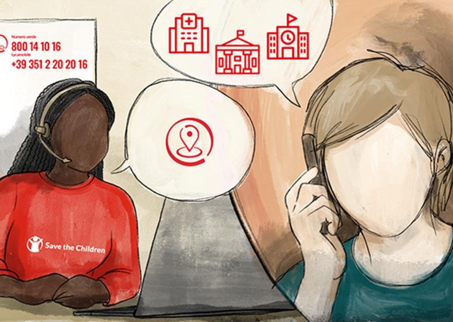 Ragazzo chiede, in chiamata, ad un'operatrice Save the Children, informazioni su servizi e strutture.