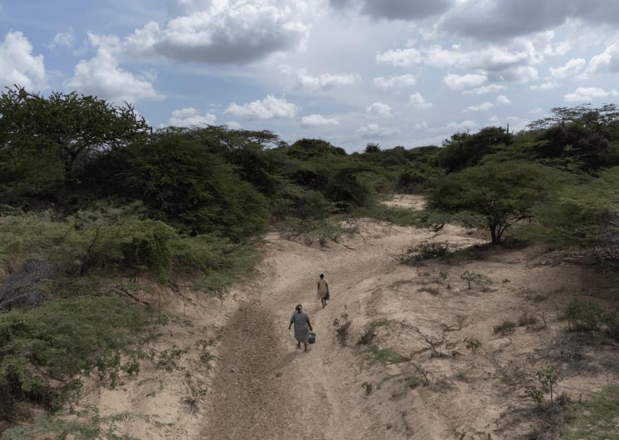 Foto dall'alto di terreno arido per siccità con bambino  e madre che camminano 