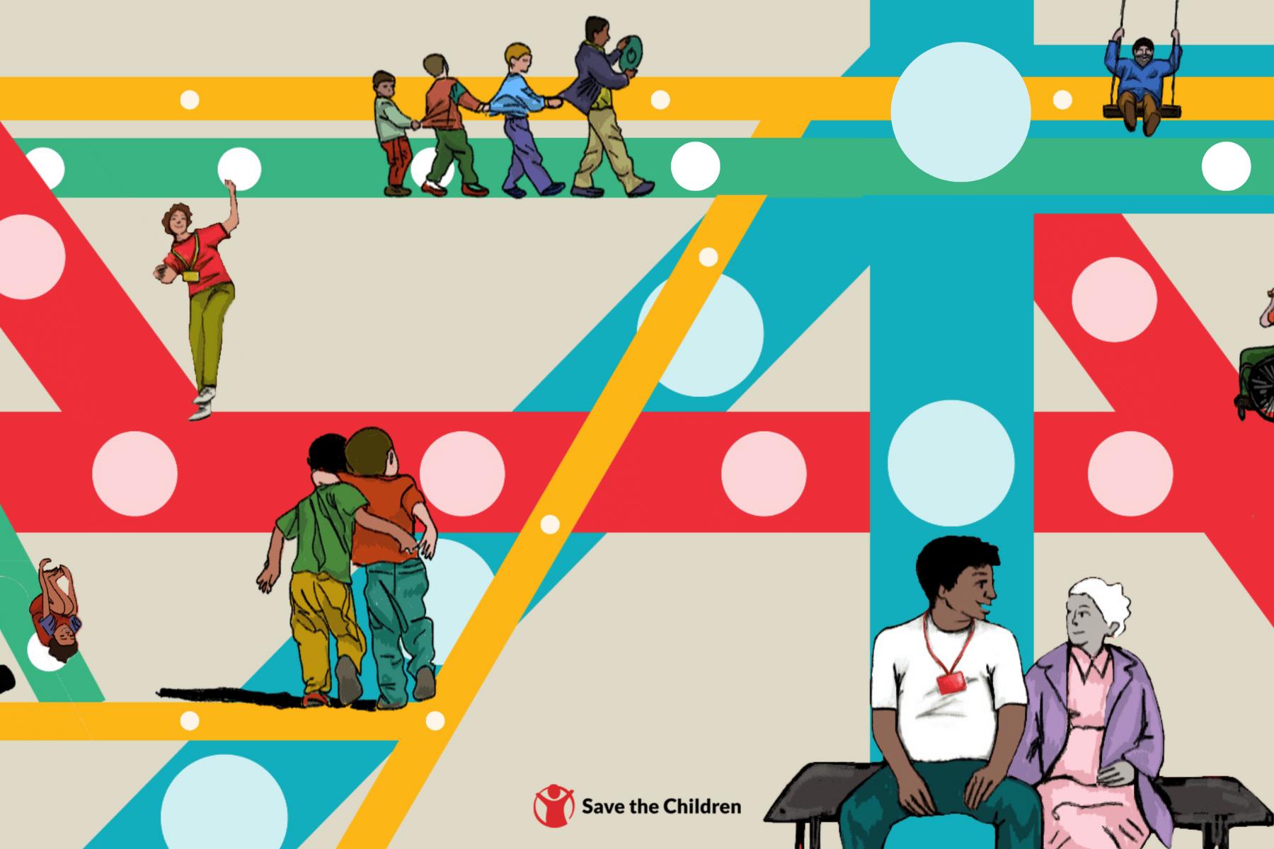 Illustrazione colorata con bambini e adulti che interagiscono in varie attività