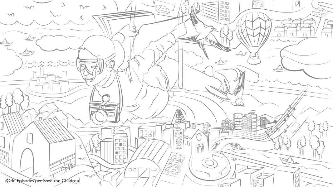 disegno in bianco e nero di una ragazze che vola sul mondo